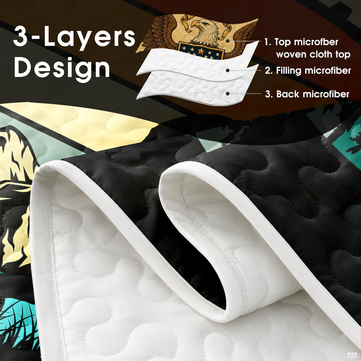 Detailed perspective of mountain ridges, forest trees, and vibrant retro sky illustration on bedding.