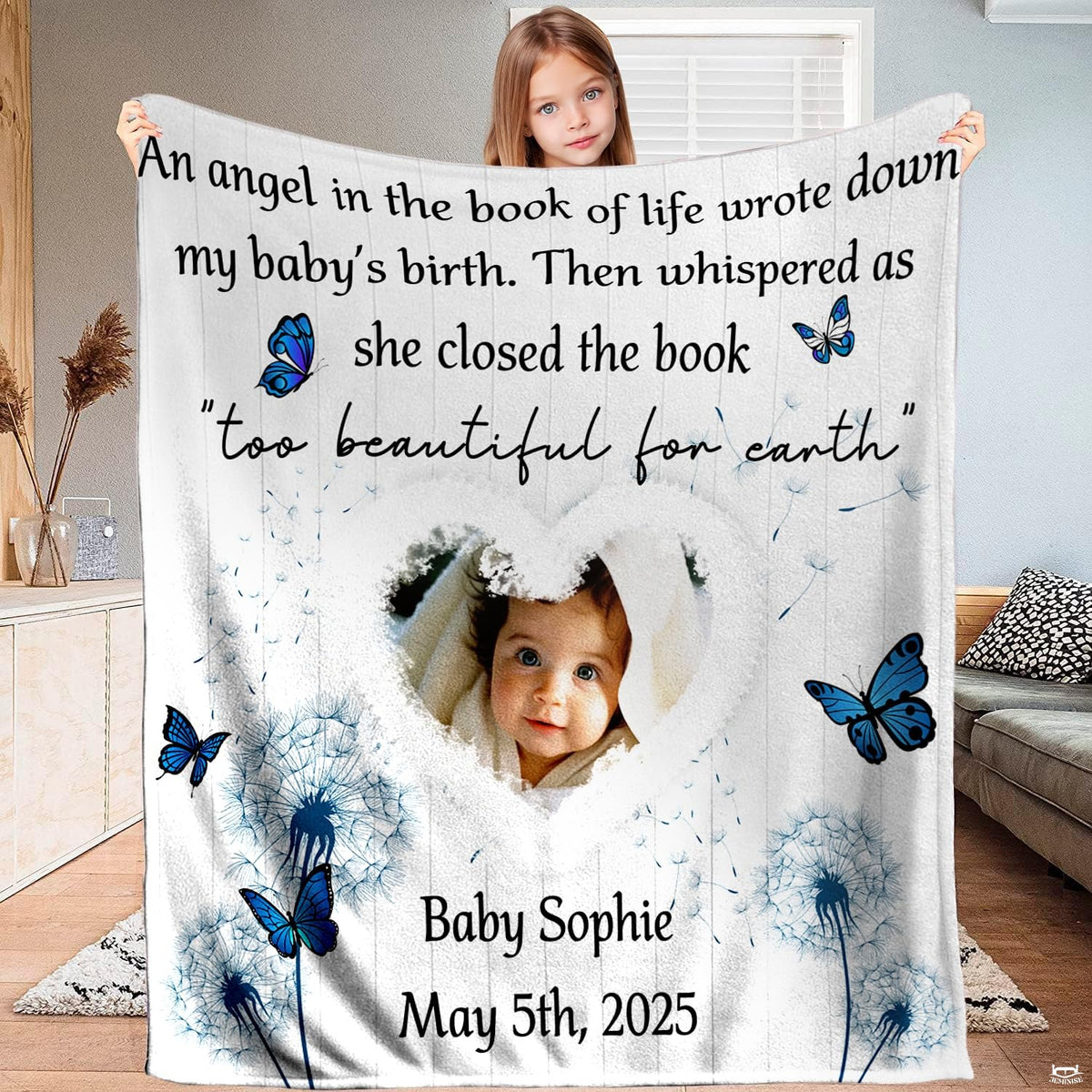 Blue butterflies throw blanket featuring dandelion seeds and heart frame on white wood background.