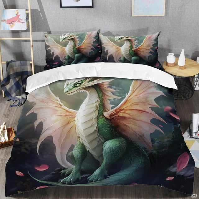 Emerald dragon bedding shown in a modern bedroom
