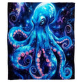 Cosmic octopus bedding set featuring bioluminescent neon cyan tentacles swirling against deep space starlight nebulae.