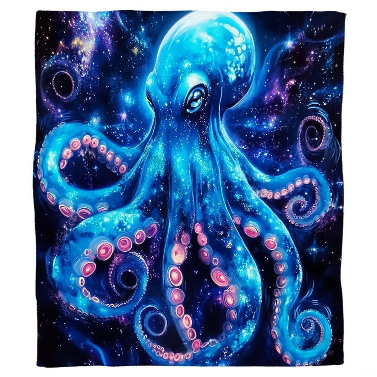 Cosmic octopus bedding set featuring bioluminescent neon cyan tentacles swirling against deep space starlight nebulae.