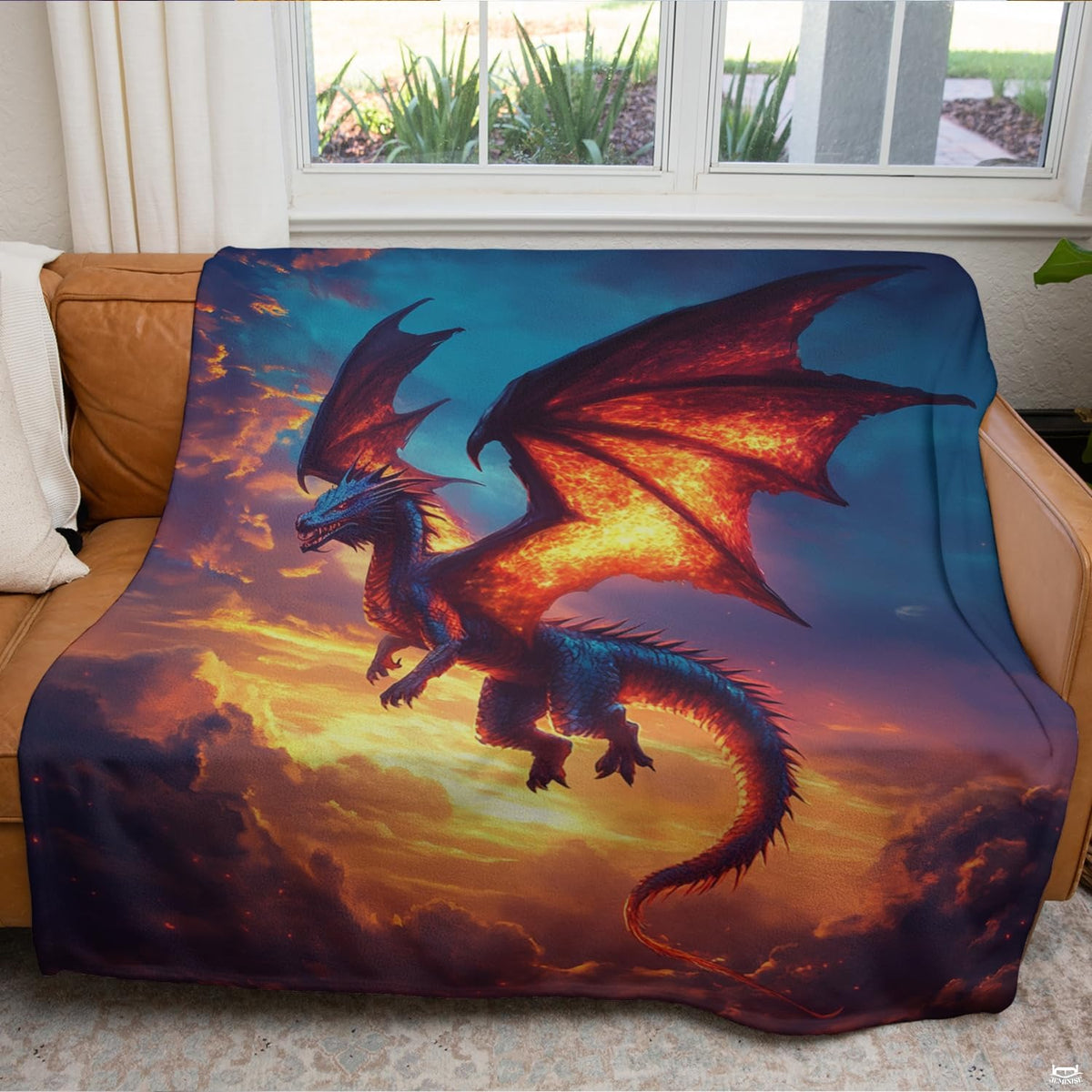 Fiery sunset sky soaring dragon fantasy blanket showing winged beast and glowing clouds view 2