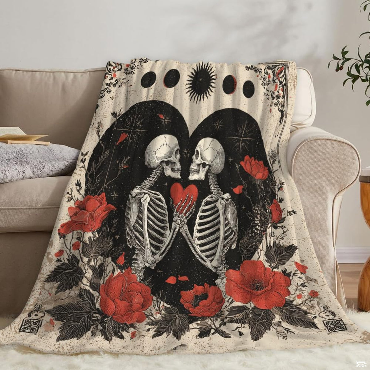Bedroom interior styled with dark romance bedding, vintage wrought-iron decor, and gothic floral aesthetic elements.