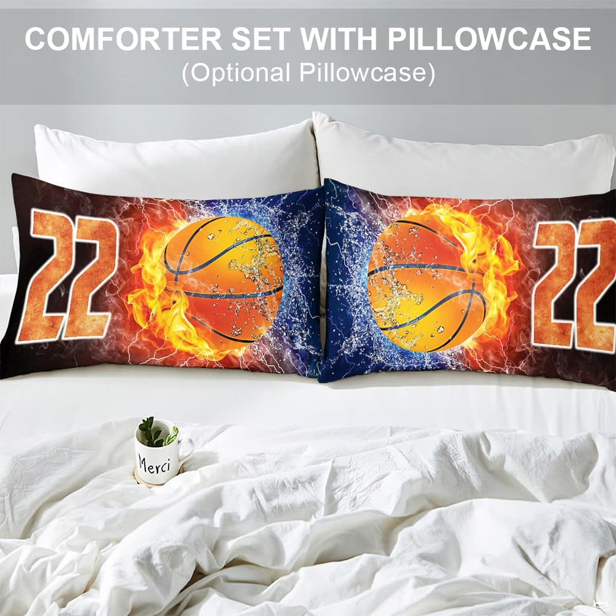 Close look at collegiate typography and electric lightning details on sports themed bedding.