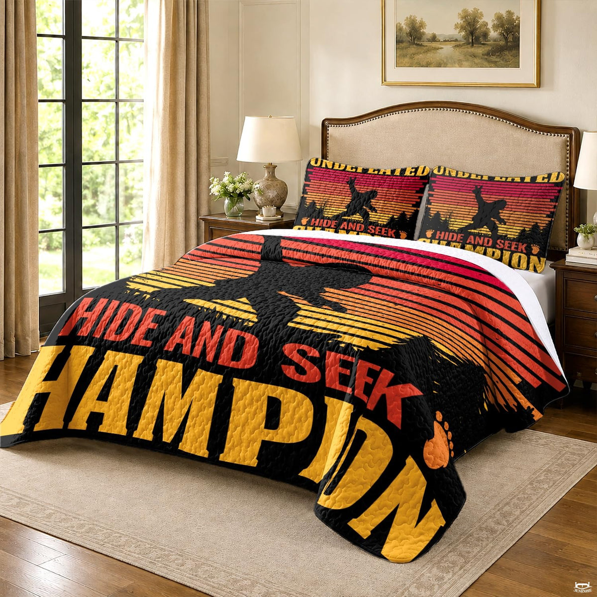 Close view of Sasquatch silhouette and paw footprints on a dark wilderness sunset bedding set.