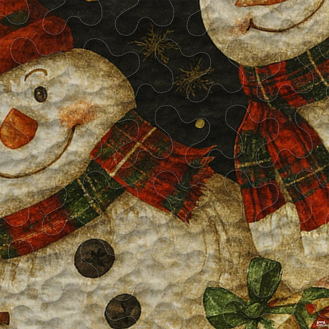 Close-up view of holiday bedding showcasing detailed Santa Claus, snowman, and nutcracker artwork