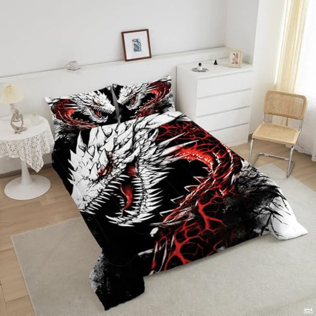 Angled bedroom view highlighting black and white dragon bedding with matching printed pillow shams.