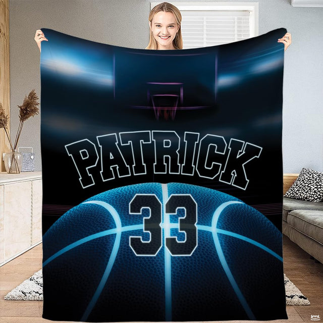 Neon basketball court throw blanket view 2 highlighting glowing blue basketball channels and hoop silhouette