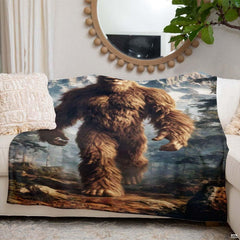 Cryptid woodland scene on bedding set with mountain peaks and evergreen forestry.
