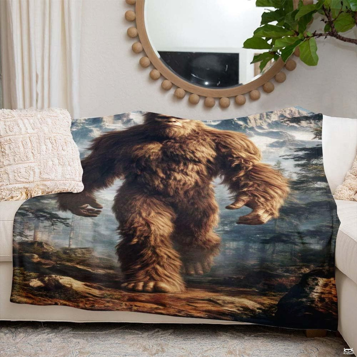 Cryptid woodland scene on bedding set with mountain peaks and evergreen forestry.