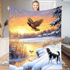 Pheasant in flight and hunting dog bedding set in a thematic accent winter cabin bedroom decor setting.