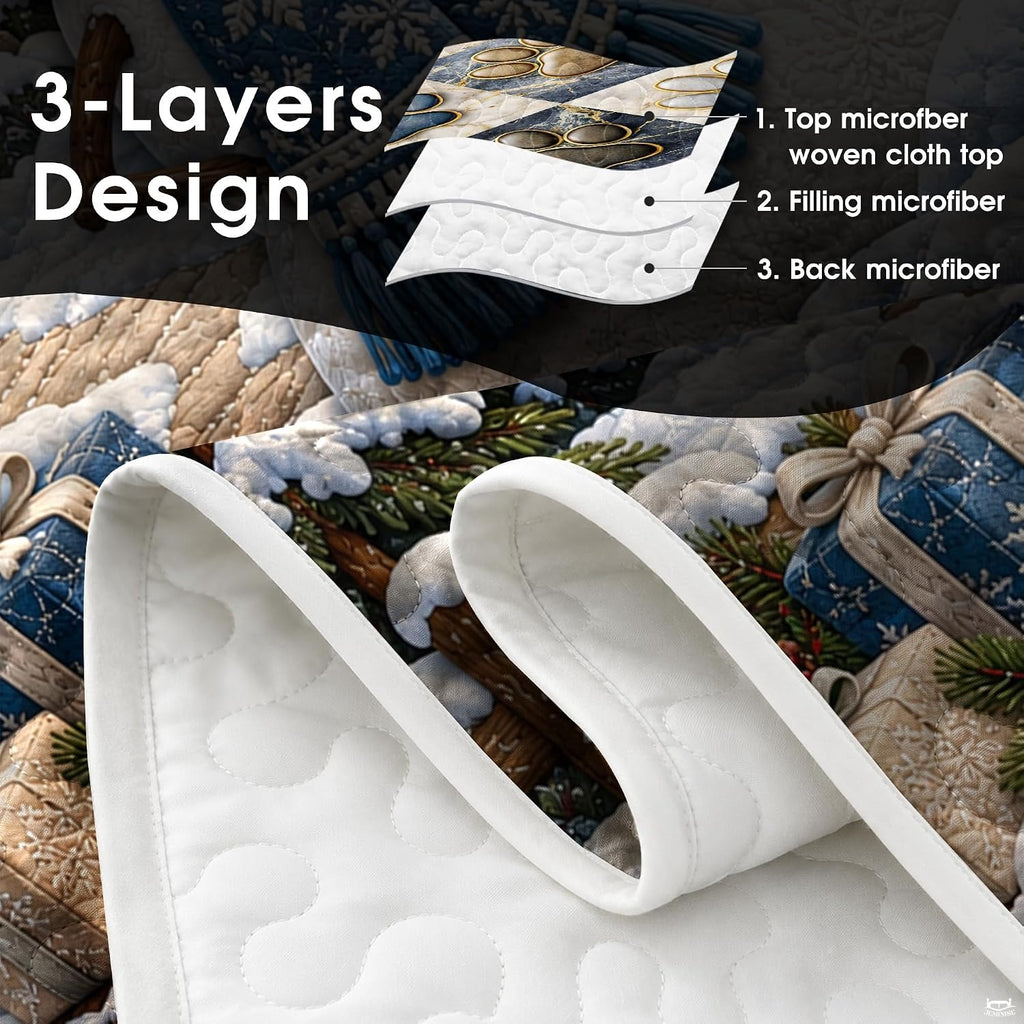 Holiday mountain bedding illustration with icy blue sky, snowdrifts, and thematic accent log cabin artwork.