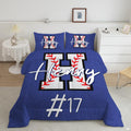 Royal bedding set displaying varsity baseball letter motif in royal blue.
