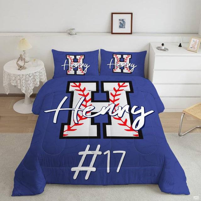 Royal bedding set displaying varsity baseball letter motif in royal blue.