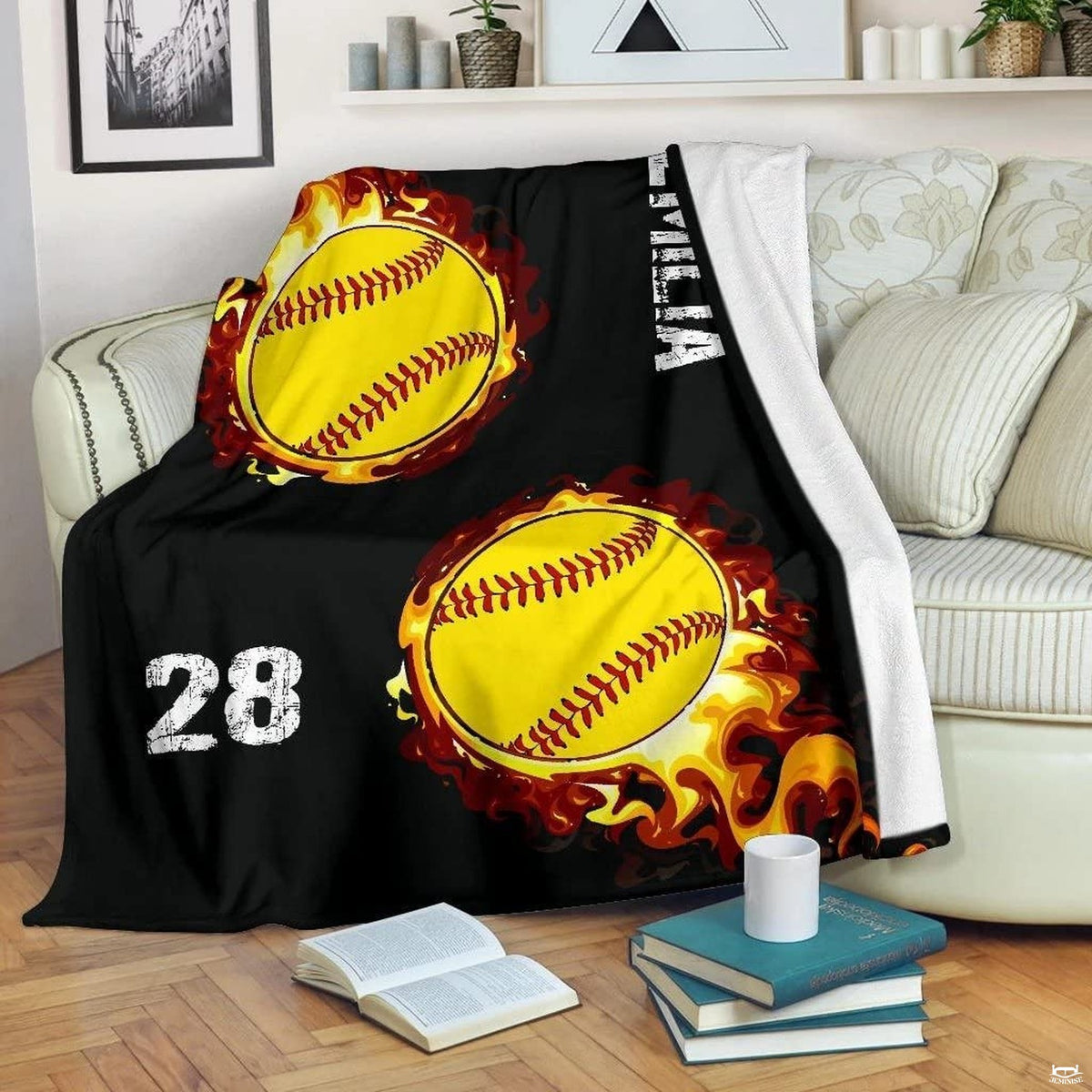 Dynamic flaming softball artwork creating a bold centerpiece for athletic softball room decor.