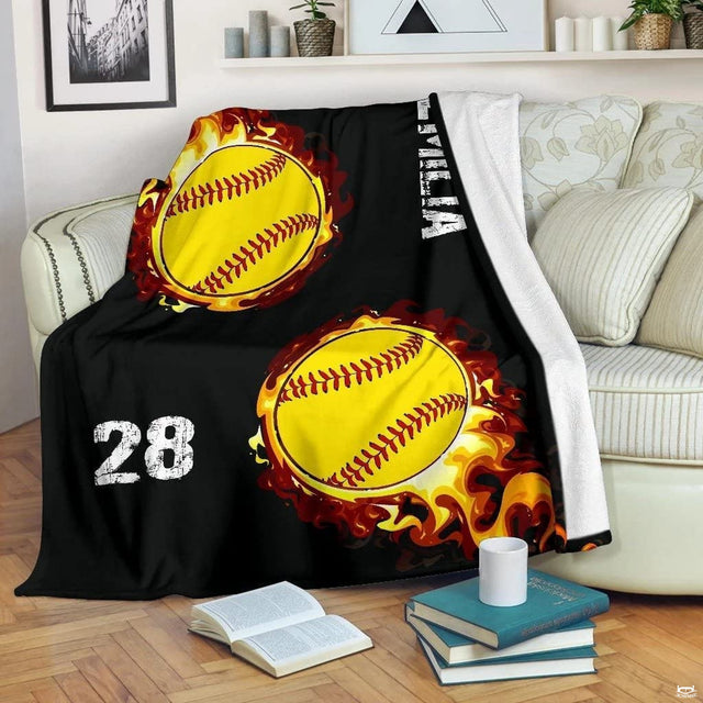 Dynamic flaming softball artwork creating a bold centerpiece for athletic softball room decor.