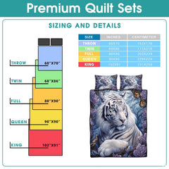 Bedding sizing overview featuring reclining tiger, blooming botanical accents, and fluttering butterflies.