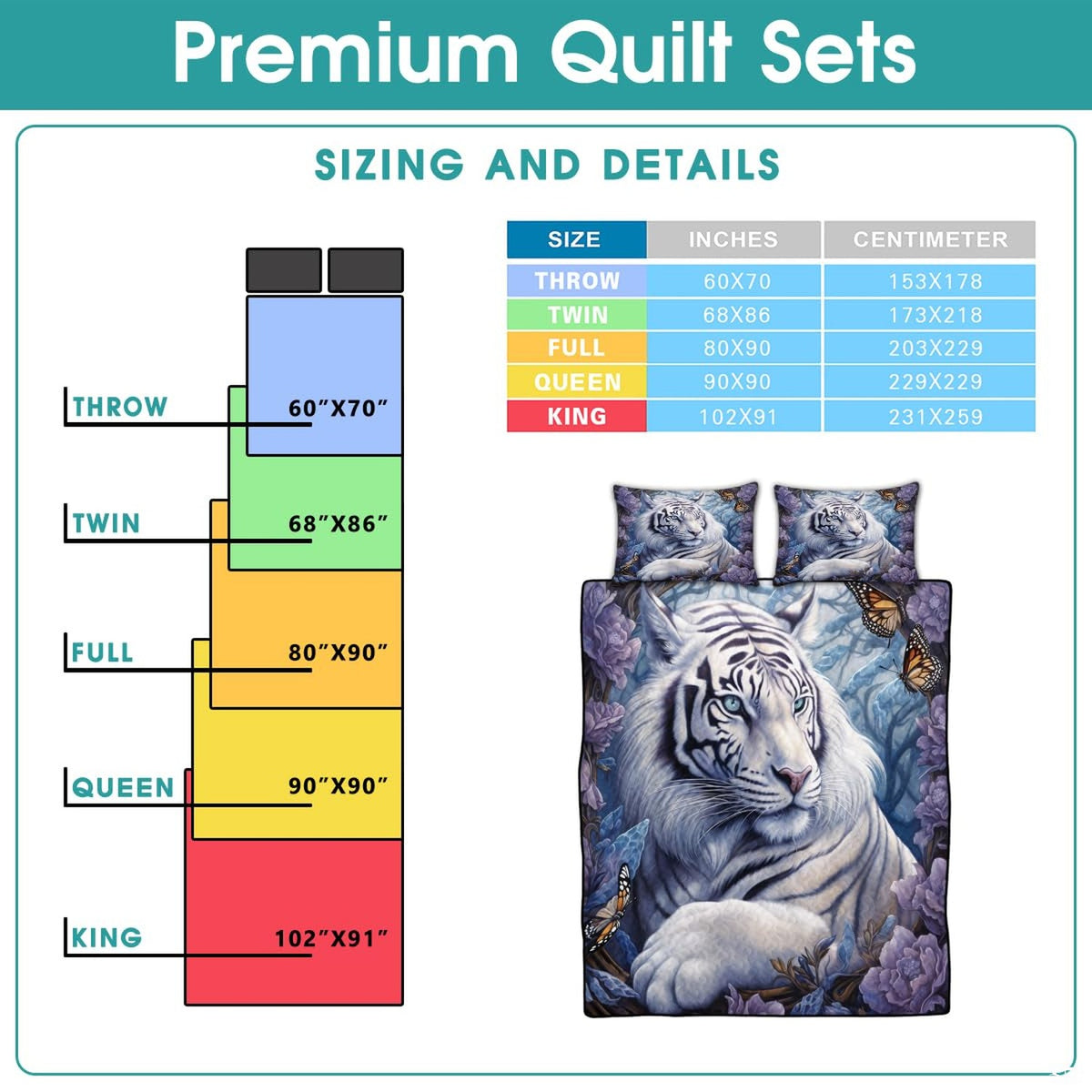 Bedding sizing overview featuring reclining tiger, blooming botanical accents, and fluttering butterflies.