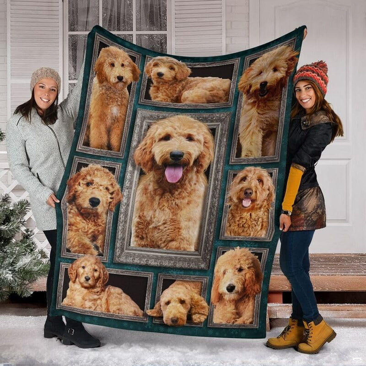 Close-up view of subtle snowflake patterns and decorative picture borders.