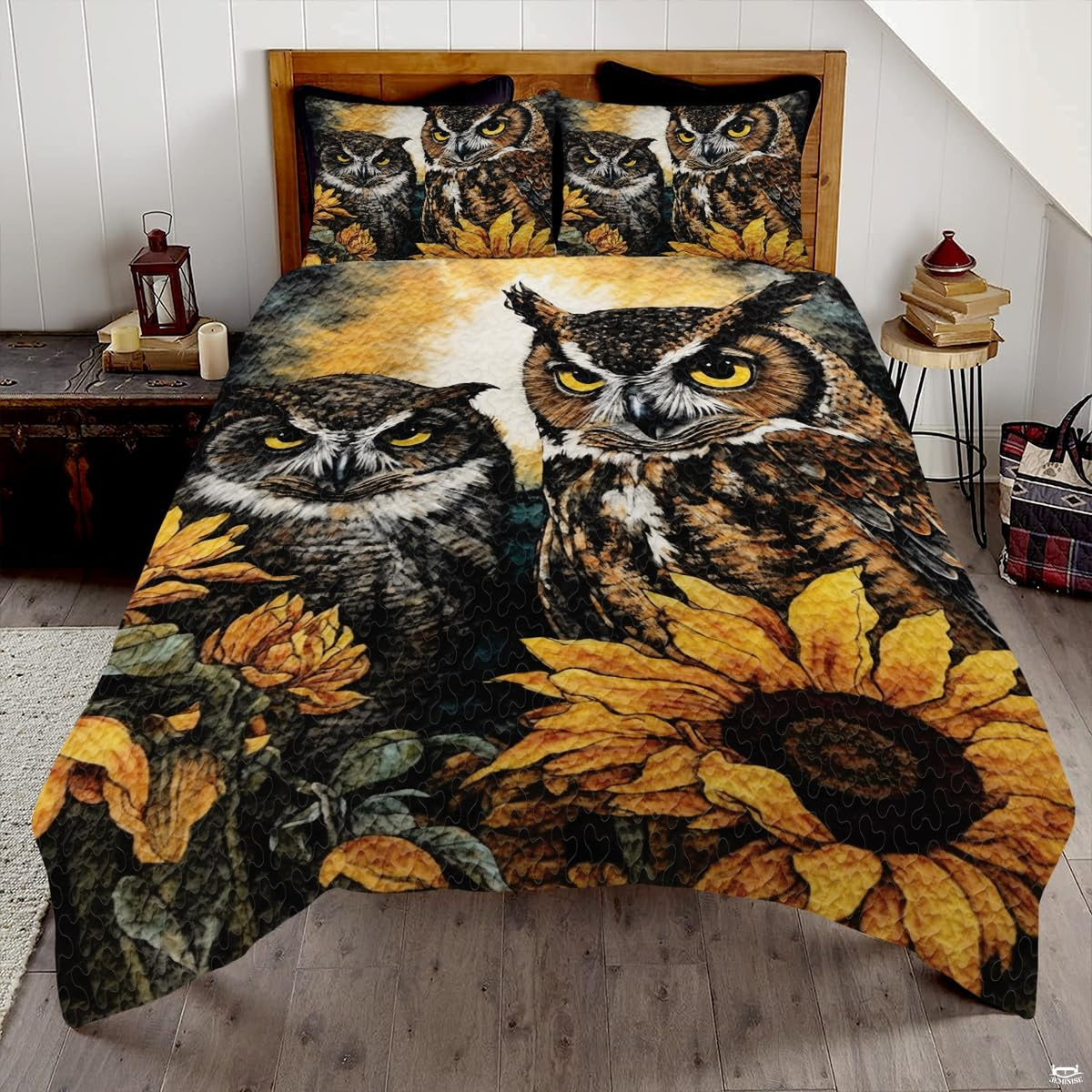 Tawny barn owl woodland wildlife bedding set displayed neatly on a bed in a rustic cabin bedroom