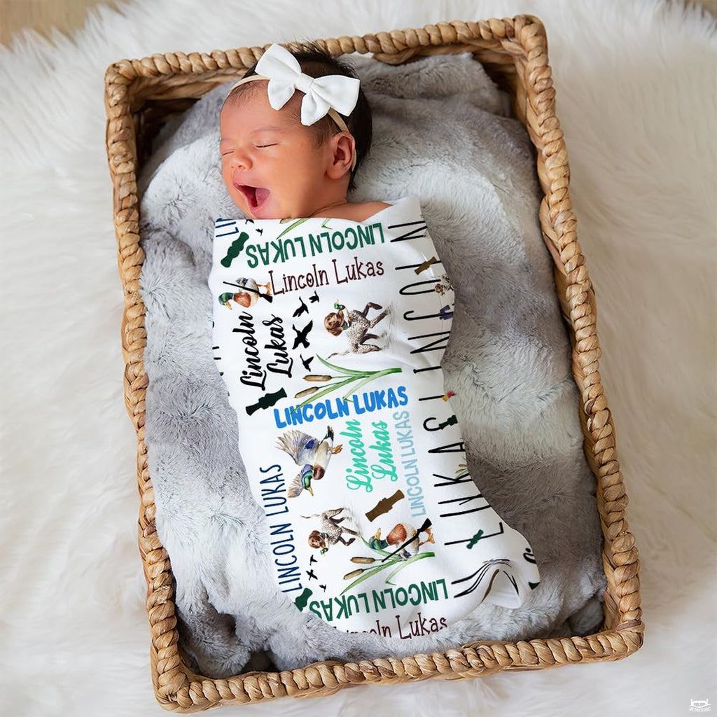Overhead look at duck hunting bedding set showcasing rustic wildlife illustrations.