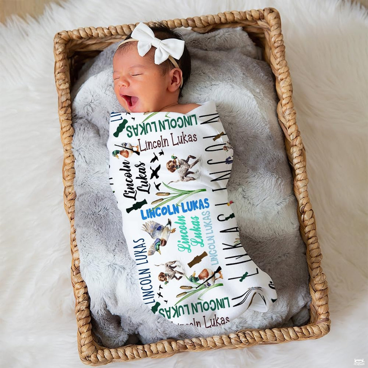 Overhead look at duck hunting bedding set showcasing rustic wildlife illustrations.