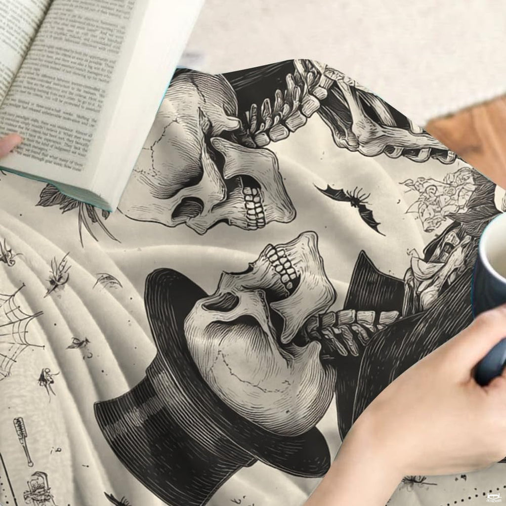 Victorian skeleton groom in top hat ink sketch on gothic bedding set.
