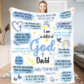 Inspirational blue watercolor faith graphic with doves and rainbow held open in a bright room