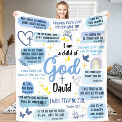 Inspirational blue watercolor faith graphic with doves and rainbow held open in a bright room