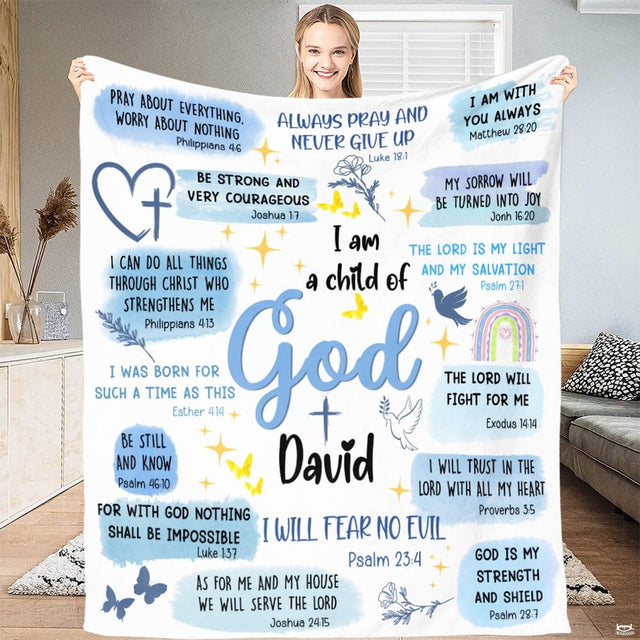 Inspirational blue watercolor faith graphic with doves and rainbow held open in a bright room