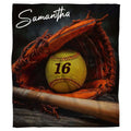 Dugout bench softball mitt and wooden bat blanket with yellow ball