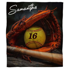 Dugout bench softball mitt and wooden bat blanket with yellow ball
