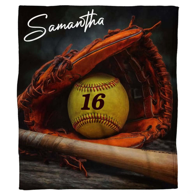 Dugout bench softball mitt and wooden bat blanket with yellow ball