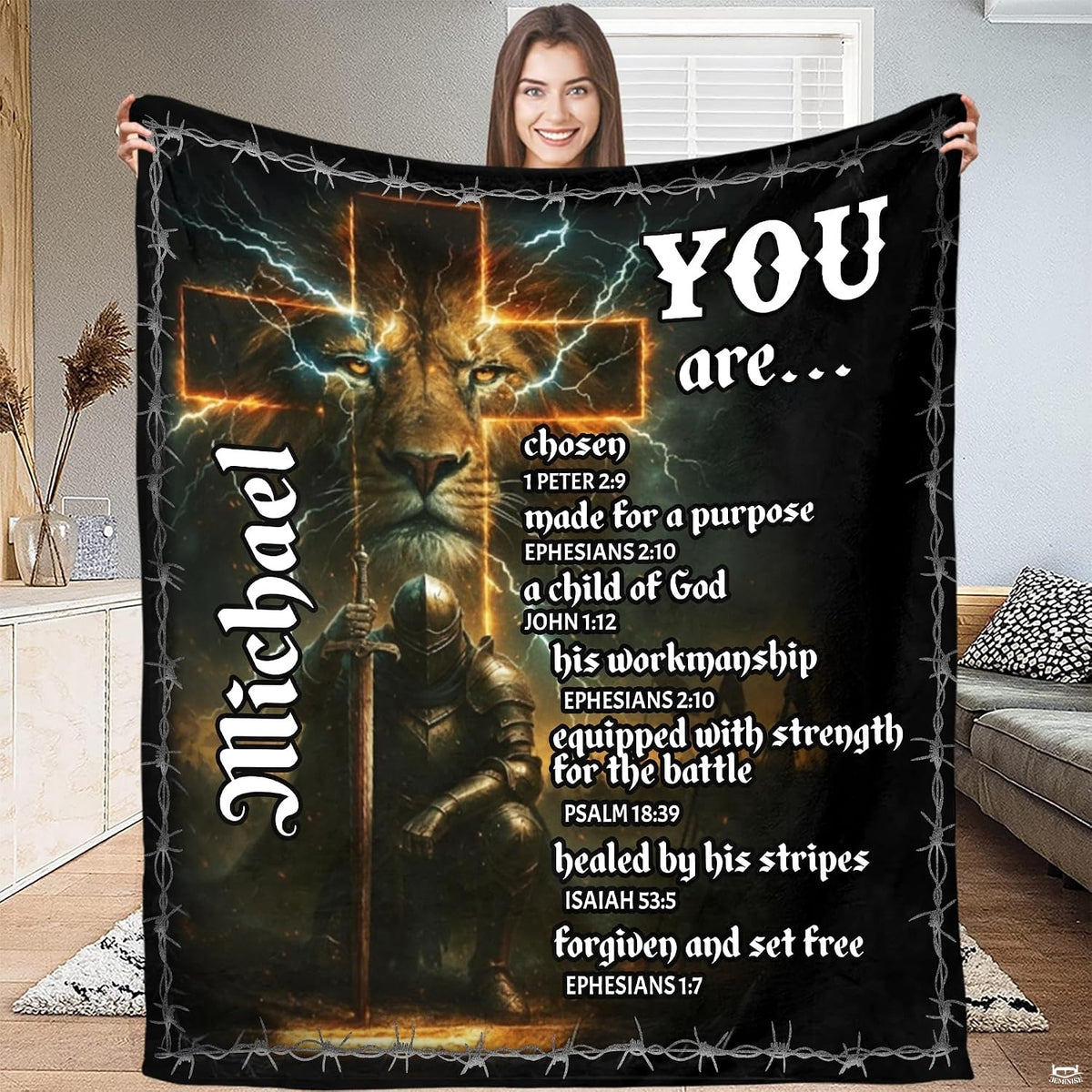 Kneeling knight lightning cross lion artwork blanket displaying heroic devotional art.