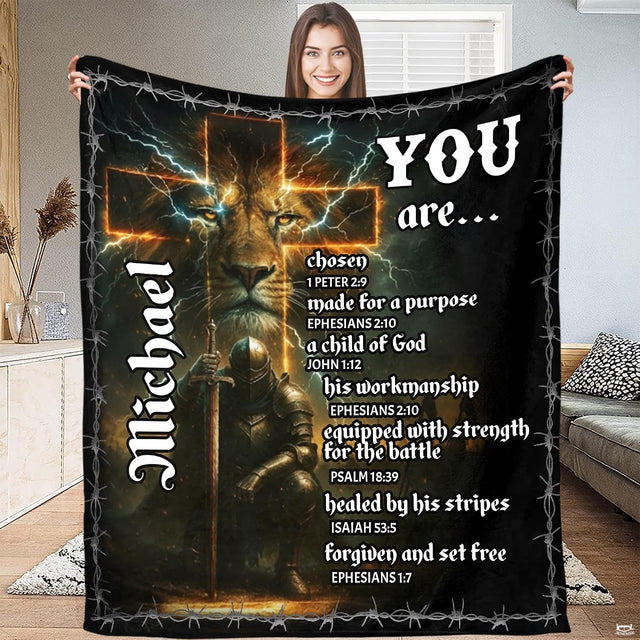 Kneeling knight lightning cross lion artwork blanket displaying heroic devotional art.