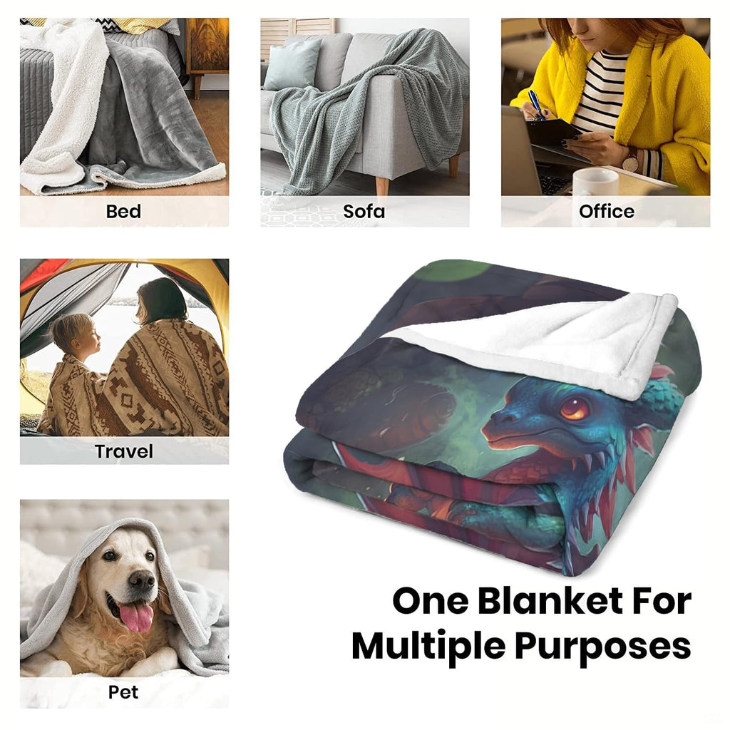 Multipurpose usage overview showcasing the folded ice dragon blanket across multiple settings.