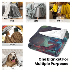 Multipurpose usage overview showcasing the folded ice dragon blanket across multiple settings.