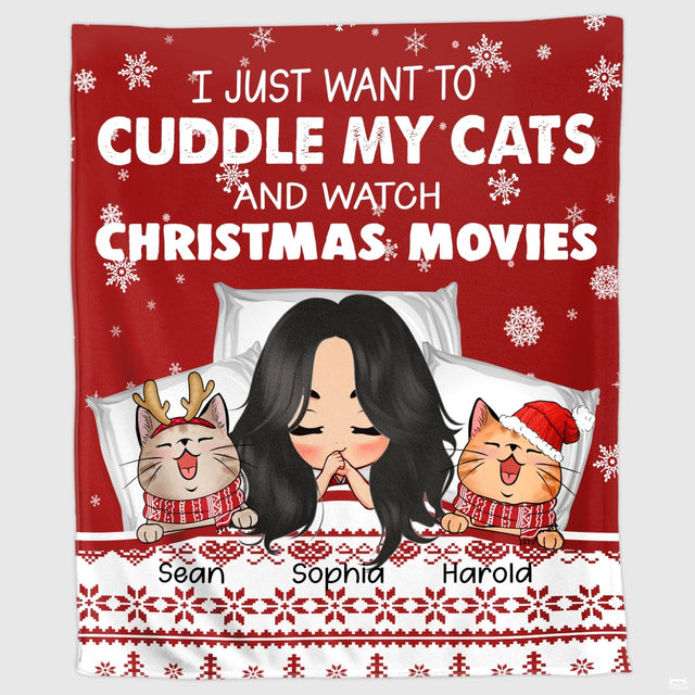 Christmas movie cats holiday throw blanket held open showing whimsical feline holiday room artwork
