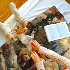 Relaxed lifestyle setting with pet dog resting beside bear family throw blanket