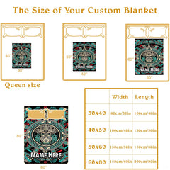 Stylized room setting showcasing the dramatic Mesoamerican calendar artwork as an artistic bedroom centerpiece.