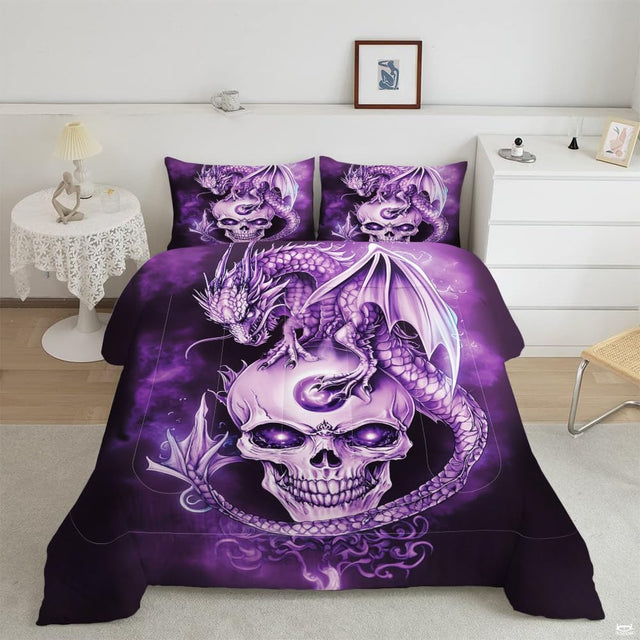 Overhead bedroom view of gothic bedding featuring scaled purple dragon perched on glowing skull in purple mist.