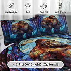 Matching pillowcase detail for woodland bedding set featuring coordinating twilight pine Bigfoot artwork