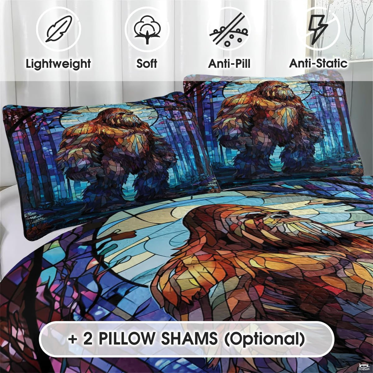 Matching pillowcase detail for woodland bedding set featuring coordinating twilight pine Bigfoot artwork