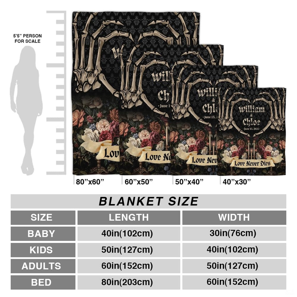 Stylized floral bouquet with vintage parchment banner on gothic floral bedding.