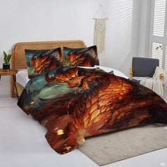 Copper dragon bedding artwork displayed in a bright bedroom with woven headboard