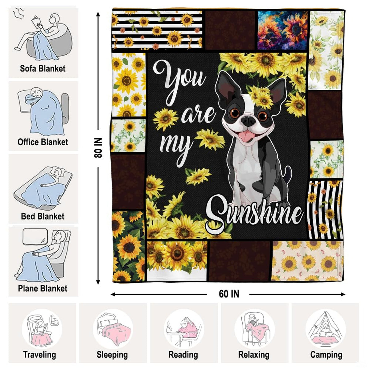Patchwork border detailing black-and-white stripes, paw motifs, and sunny floral accents.