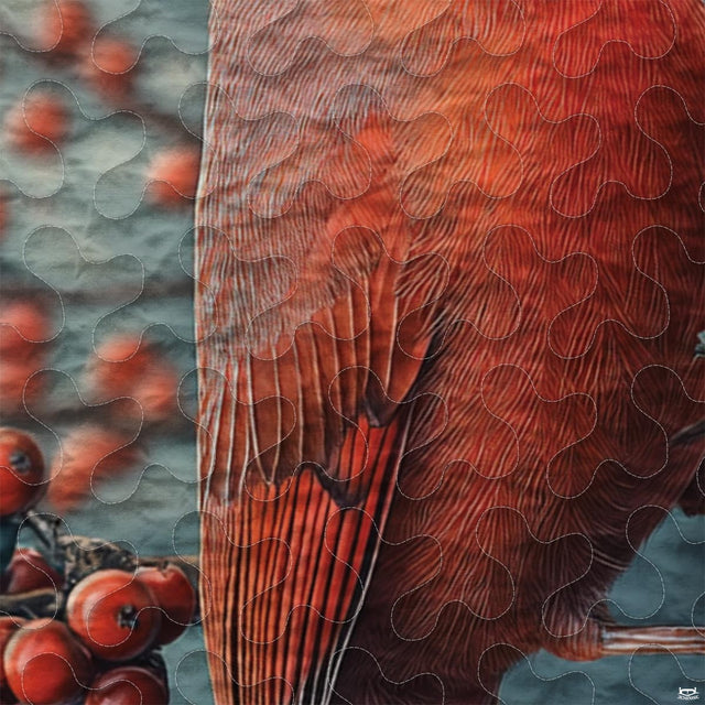 Close-up perspective of cardinal bedding highlighting crimson red plumage, frosted spruce boughs, and berries