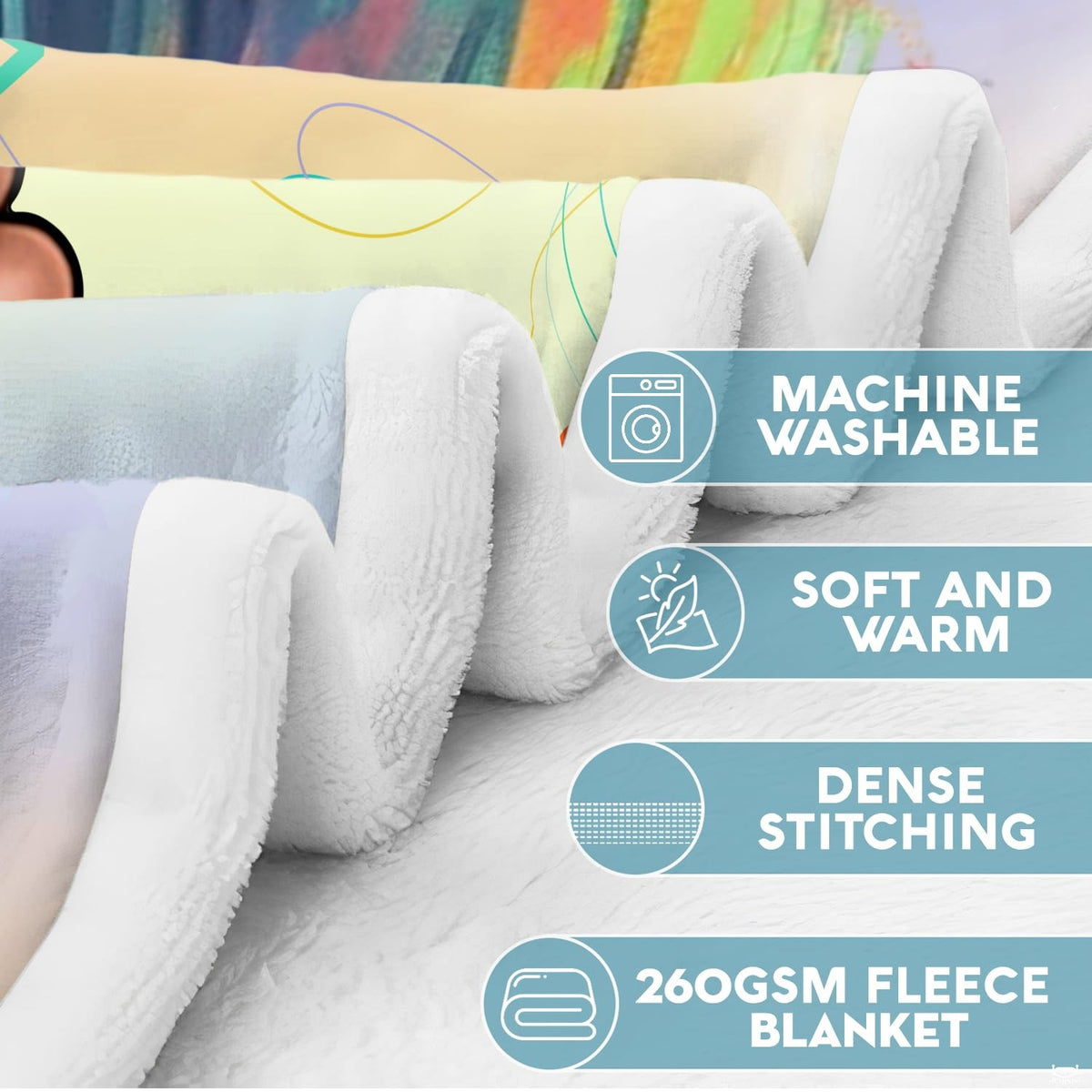 Music headphones girl throw blanket view 8 highlighting rainbow hair, pink headphones, and pastel backdrop