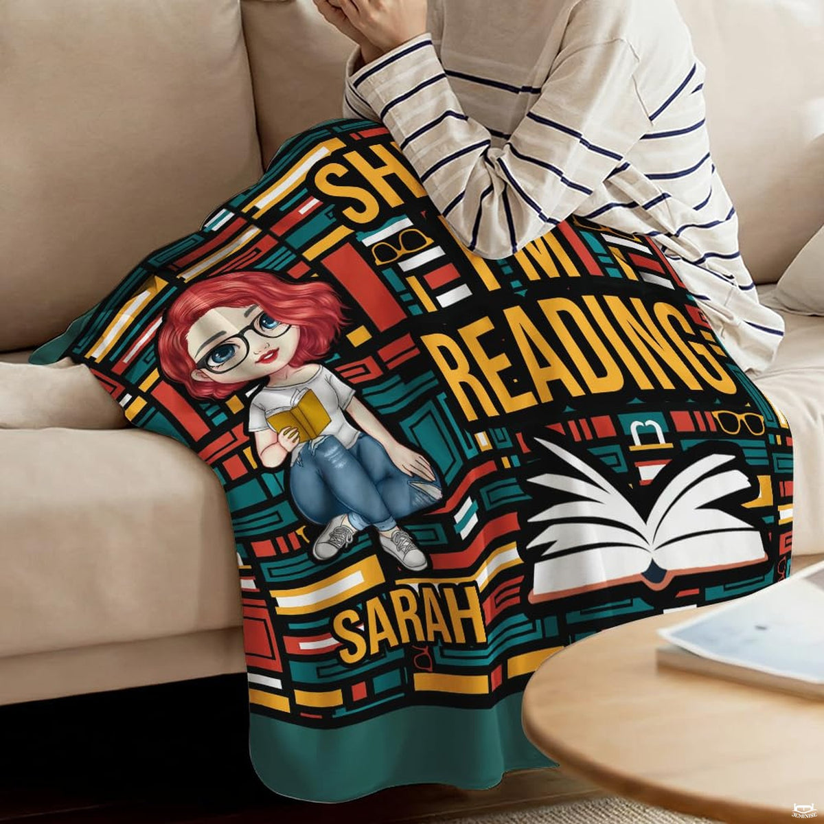 Full flat graphic layout of colorful book spine mosaic reader girl throw blanket.