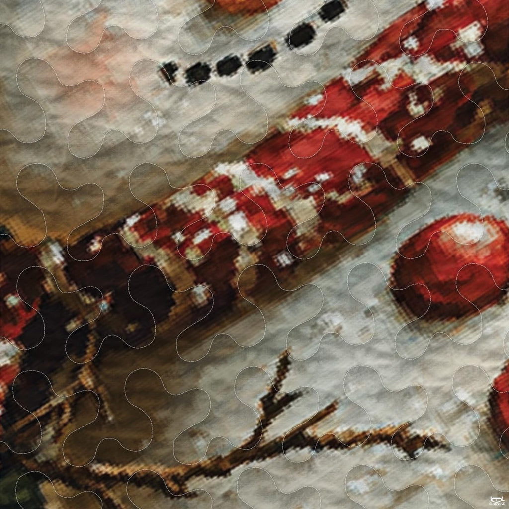 Close-up view of holiday bedding showcasing snowman illustration, cedar bronze, and pine wreath